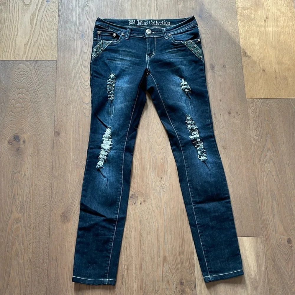 R&L Jeans Collection Bling Rhinestones Skinny Jeans Size 7